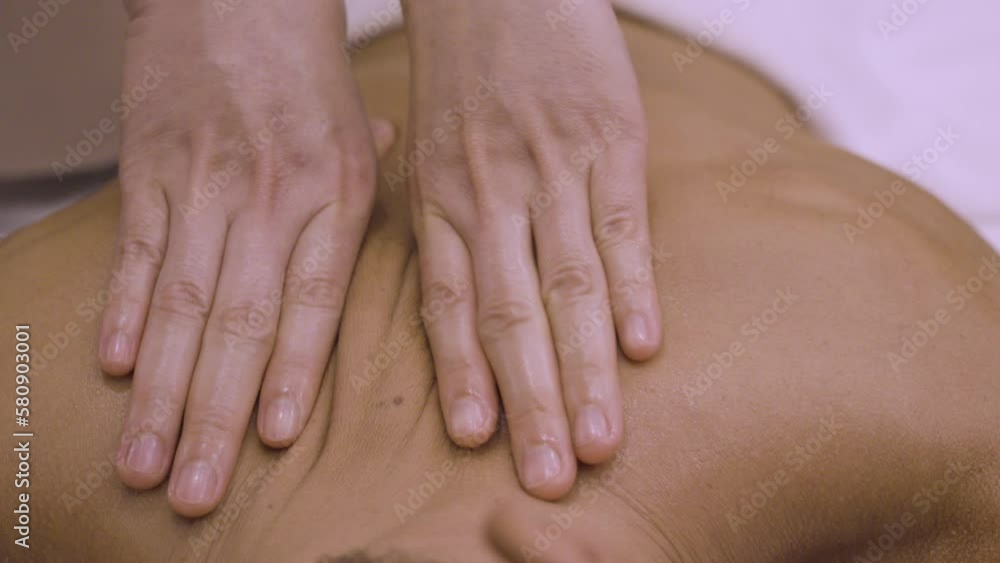 Close Up Slow Motion of Deep Tissue Back Massage, Thumb Pressure Relaxing Back Massage , Ease Back and Neck Pain, Thai Massage Spa