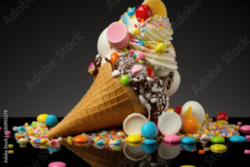 macro picture of a delicious ice cream cone with candies. Generative AI