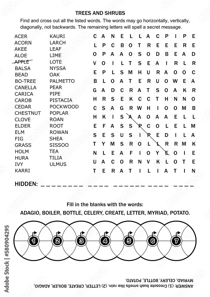 Ilustrace „Puzzle page with two word games. Trees and bushes word