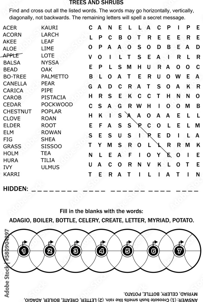 Puzzle page with two word games. Trees and bushes word search puzzle. Fill in the blanks of