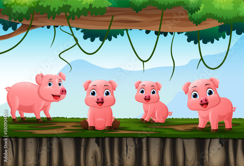 Cartoon piglets in the jungle