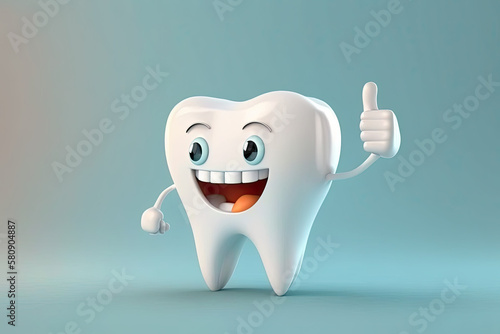 3D realistic happy white tooth , Tooth cartoon characters with thumbs up on bright background , Cleaning and whitening teeth concept, generative AI