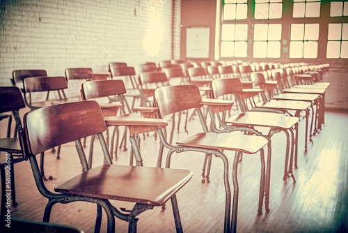 Empty classroom with a lot of chair with no student. Empty classroom with vintage tone wooden chairs. Back to school concept. Generative AI