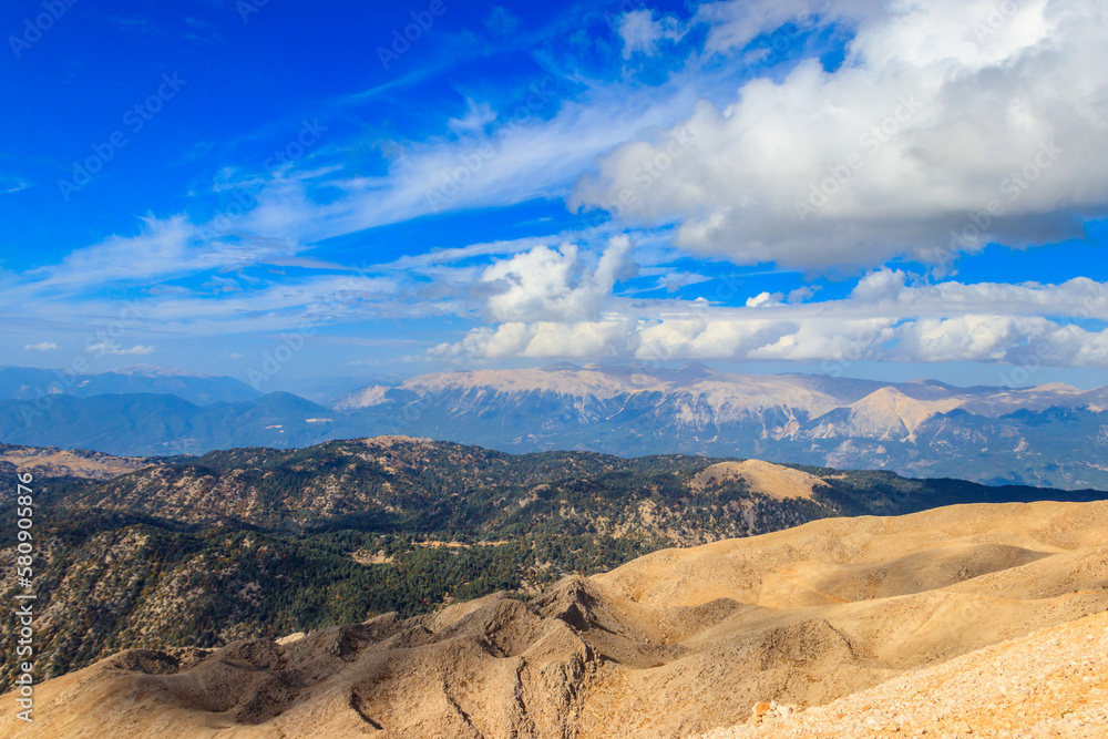 View of the Taurus mountains from a top of Tahtali mountain near Kemer, Antalya Province in Turkey