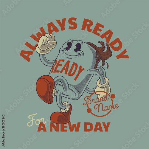 cartoon emblem of happy walking coffee mug mascot with retro style