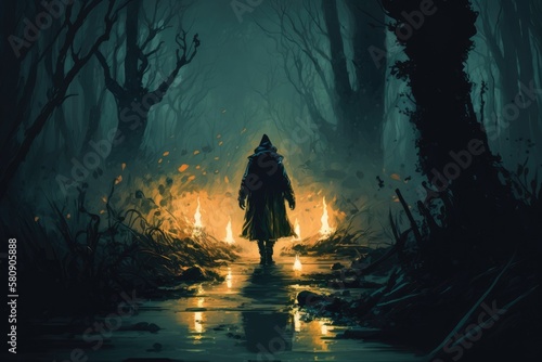 Man strolling in the spooky swamp with a magic torch, digital art style, illustration painting. Generative AI