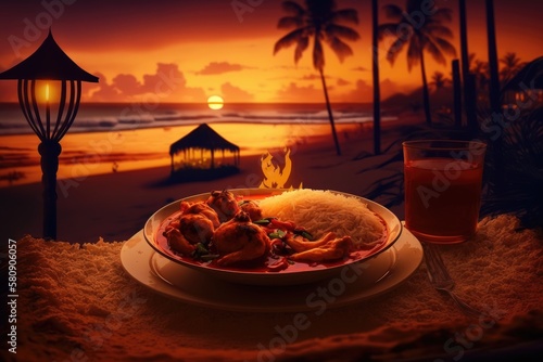 Indian curry during the holidays, with a sunset in the background. Generative AI