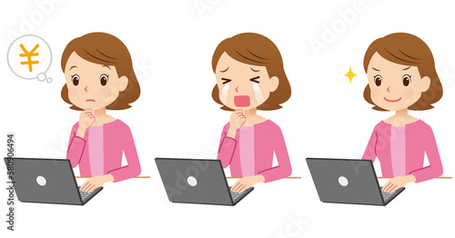 パソコンを操作する女性 主婦 表情セット
