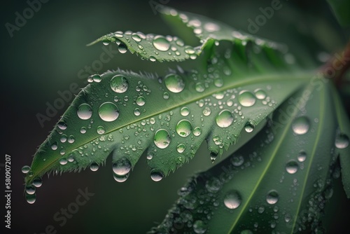 beautiful natural details. Drops of morning dew on a young, green leaf. Generative AI