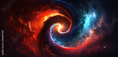 Interdimensional portal rift aurora opening in space over rugged winter landscape, bright red cloudy fire vortex swirl, anti-matter implosion, 4th dimension travel, universe gateway - generative AI.