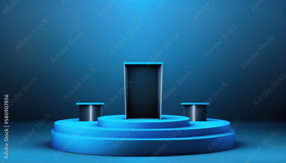 Realistic 3D blue theme podium for product display. Created with Generative AI Technology Realistic 3D blue theme podium for product display. Created with Generative AI Technology