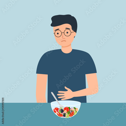 Man feel not hungry concept vector illustration. Guy unable to eat. No appetite.