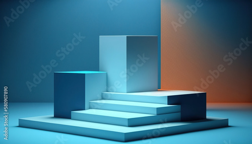 Realistic 3D blue theme podium for product display. Created with Generative AI Technology
