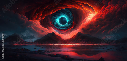 Interdimensional portal rift aurora opening in space over rugged winter landscape, bright red cloudy fire vortex swirl, anti-matter implosion, 4th dimension travel, universe gateway - generative AI. photo