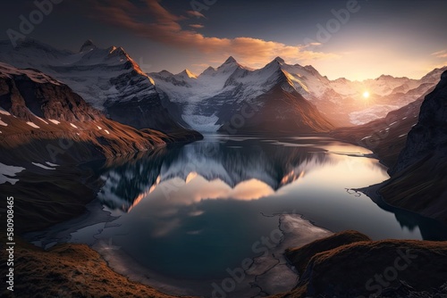 View of the Bernese range at sunrise from above Bachalpsee Lake. Eiger, Jungfrau, and Faulhorn are the highest peaks in a well known location. Grindelwald valley and the Swiss Alps. Generative AI © AkuAku