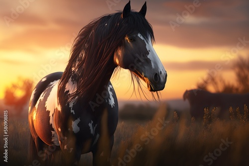 A horse standing on a grassy field in the sunset  Generative AI