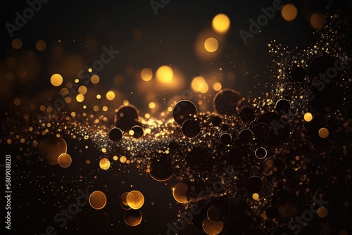 Background of old lights and dark glitter. black and gold. defocused. Generative AI