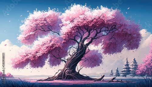 A painting of a tree with a pink flower on it. Generative AI