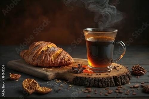 On a wooden board on a transparent concrete table, there is a steaming black coffee and a crisp croissant with almond filling. filling breakfast. Generative AI