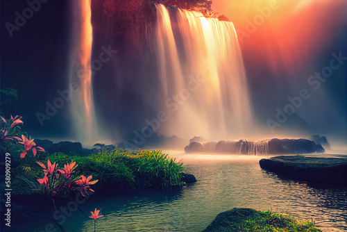 rainbow over water, waterfall, forest, laker ,Generative AI