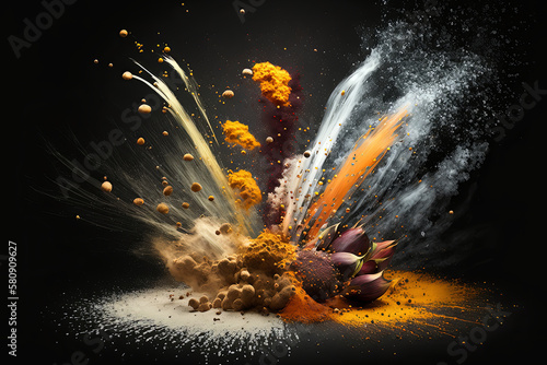 Spices erupt in a dazzling display of color and texture against a dark backdrop. - Generative AI