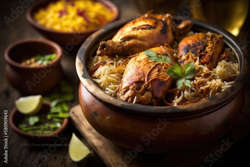 Chicken Biryani showing leg piece It's a delicious recipe of Basmati rice mixed with with spicy marinated chicken in a bowl. Served with Salan or Raita. served in a bowl or plate. Selective focus