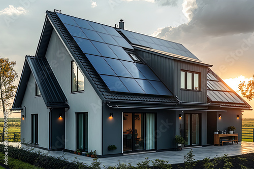 Bright and sustainable! Newly built homes with dark solar panels. Generative AI. © Kishore Newton