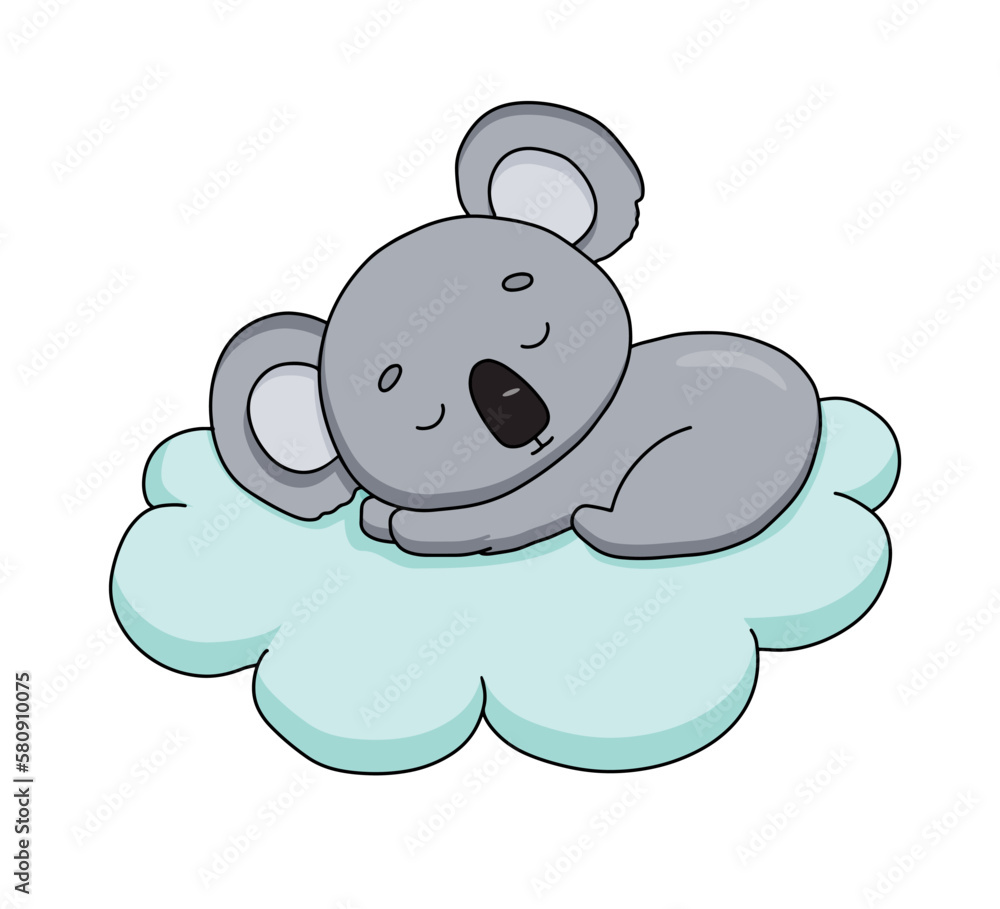 Cute dreaming baby koala on cloud. Cartoon hand drawn vector illustration. Baby animal isolated on white Cute dreaming baby koala on cloud. Cartoon hand drawn vector illustration. Baby animal isolated on white