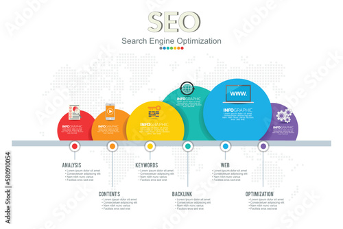 Infographic with 6 steps, options, parts, steps and processes.