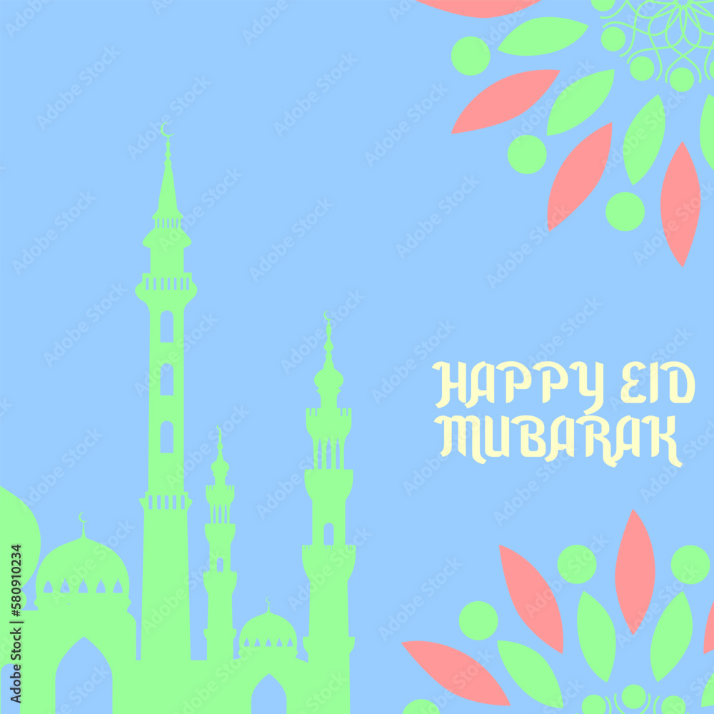 blue color greeting card of id mubarak full decoration background mosque and mandala for illustration blue color greeting card of id mubarak full decoration background mosque and mandala for illustration