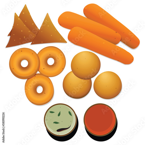 group of south Indian famous tea time snacks are vada, samosa, banana bajji, bonda and coconut, tomato chutney. vector, illustration