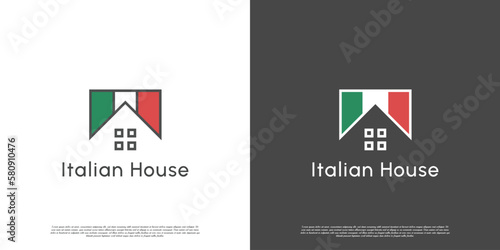 Italian flag culinary house logo design illustration. Italian restaurant silhouette. Traditional cuisine culture creative vintage design.