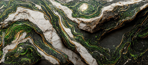Panel kuchenny z motywem The texture of green marble with white and black inclusions and gold veins. Natural pattern. Abstract 3D illustration of marble surface for backgrounds,  wallpapers, photo wallpapers, murals, posters
