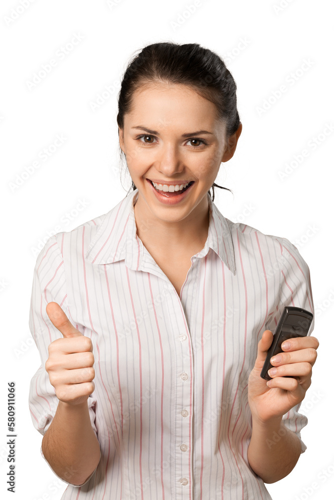 Smiling brunette giving a thumbs up and holding a cell phone