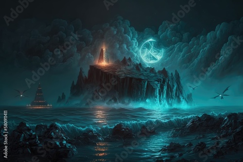 Fantasy landscape in the dark of the night with an island, pyramids, bitcoin, and lightning. neon reflection in the ocean, sea, and water. haze and smoke on the shore. A contemporary, futuristic setti