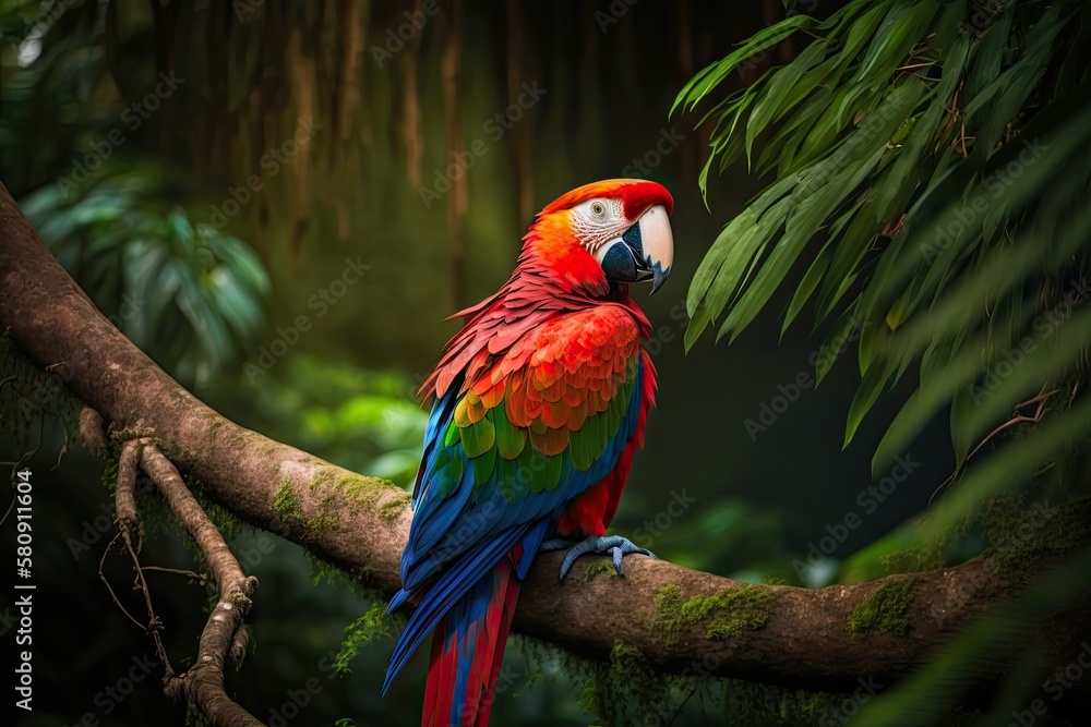 Rotund parrot Costa Rican Scarlet Macaw, Ara macao, perched on a limb. Scene of wildlife in a tropical forest. Beautiful parrot perched on a green tree in a natural setting. Generative AI