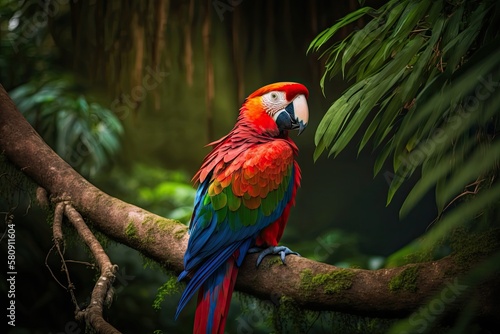 Rotund parrot Costa Rican Scarlet Macaw, Ara macao, perched on a limb. Scene of wildlife in a tropical forest. Beautiful parrot perched on a green tree in a natural setting. Generative AI © AkuAku