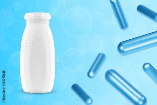 Probiotic products. Concept - Yoghurt with probiotic content. Microbiome on blue background. EPS10 vector