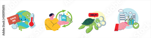 Activities for environmental protection. Nature suffering from environmental destruction and people doing eco-friendly activities.