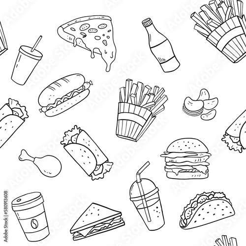 Seamless line pattern with fast food for menu, packaging or cafe. Pizza, ice cream and hot dog.