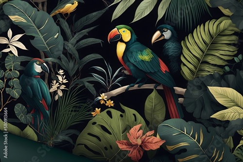 vintage jungle pattern with birds. wallpaper of palm tropical forest, Generative AI © Anupam