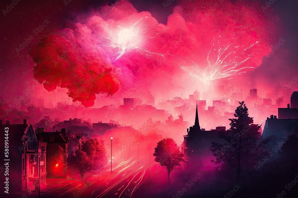 Cheap red and pink fireworks over the city. Motion haze flares of light. for any objective. Generative AI