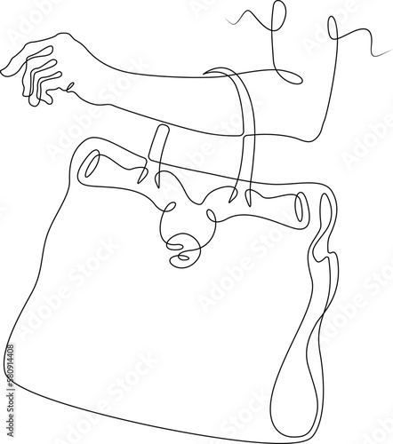One continuous line.Ladies handbag. Woman's hand with a bag. Elegant designer handbag. Clutch bag. One continuous line drawn isolated, white background.