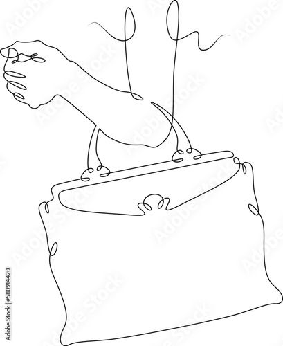 One continuous line.Ladies handbag. Woman's hand with a bag. Elegant designer handbag. Clutch bag. One continuous line drawn isolated, white background.