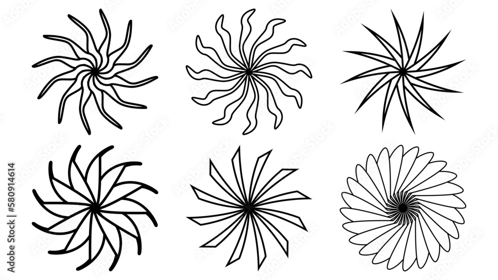 Set of sun or flower shape outline isolated on white. Circular shape with petals. Clipart.