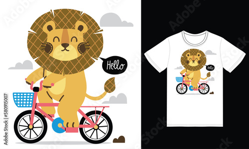 Cute lion riding bike illustration with tshirt design premium vector