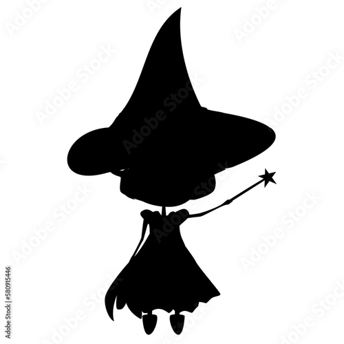 Black silhouette of sorceress in dress and witches hat and magic wand in hand isolated on white background. Design element.
