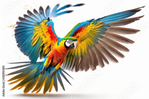 Parrot flying in color, isolated on white. Generative AI © AkuAku