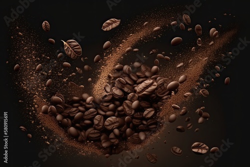 Coffee beans that have been roasted in a dark brown are falling and flying. represent the idea of a healthy breakfast to give you energy. Generative AI