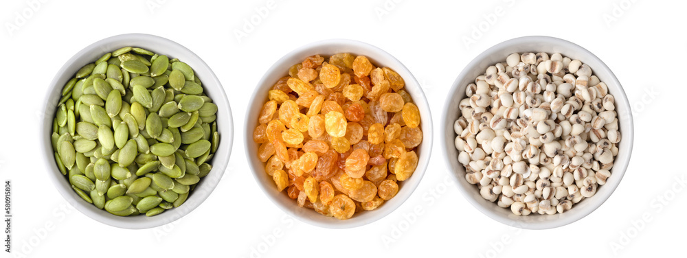 Pumpkin seeds, raisins, Job's tears in white bowl on transparent png Pumpkin seeds, raisins, Job's tears in white bowl on transparent png